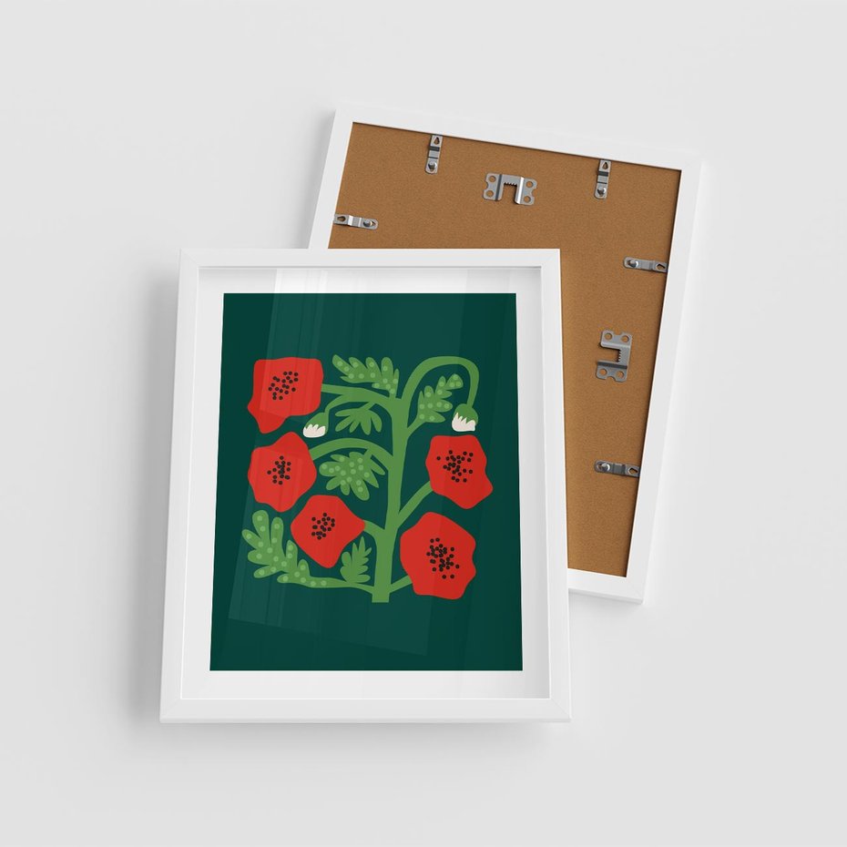 Plakat w ramie 40x50 - Księga Odbić - abstrakcyjna kwiatowa kompozycja, zielone mocne tło - rama biała