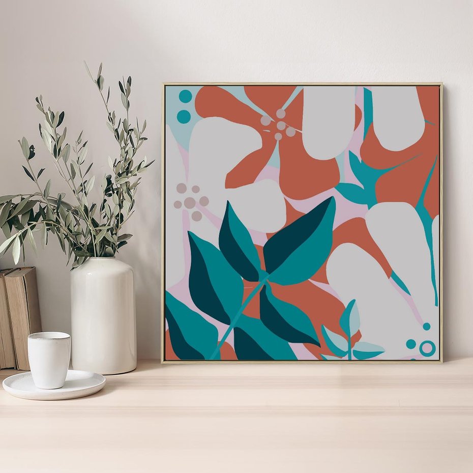 Obraz w ramie 80x80 - Harmonijne Formy - abstrakcyjna kompozycja kwiatowych form, kolor zgaszone - rama drewno
