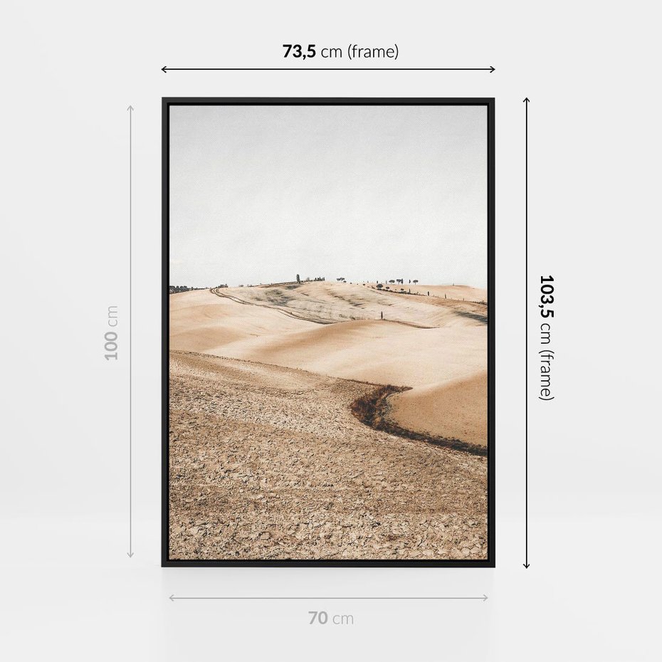 Obraz w ramie 70x100 - Refleksyjny taniec myśli - pustynny krajobraz, odcienie sepii - rama czarna