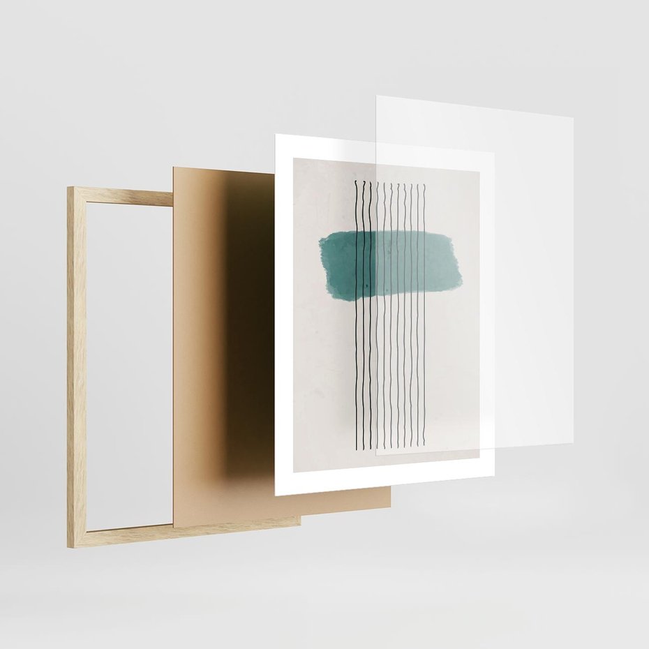 Plakat w ramie 40x50 - Bezczasowe Wspomnienia - abstrakcyjna akwarelowa plama, nieregularne kreski - rama drewno