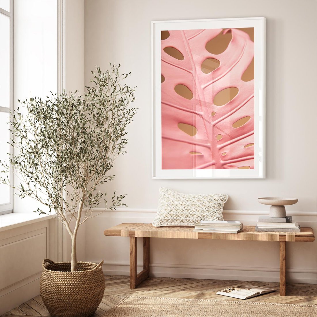 Plakat bez ramy 50x70 - Różowa monstera w pełnym rozkwicie - różowa, monstera