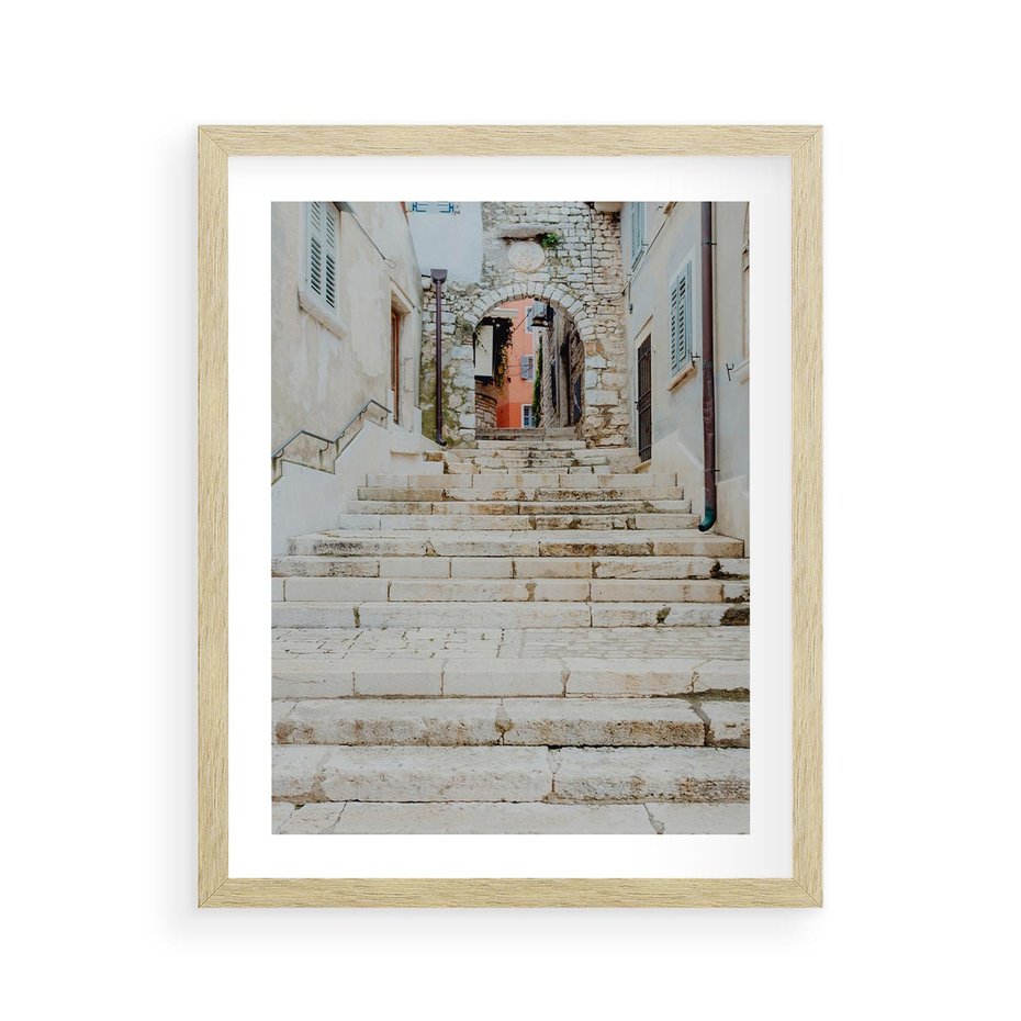 Plakat w ramie 40x50 - Schody we Włoskim Miasteczku - schody, śródziemnomorskie miasteczko - rama drewno