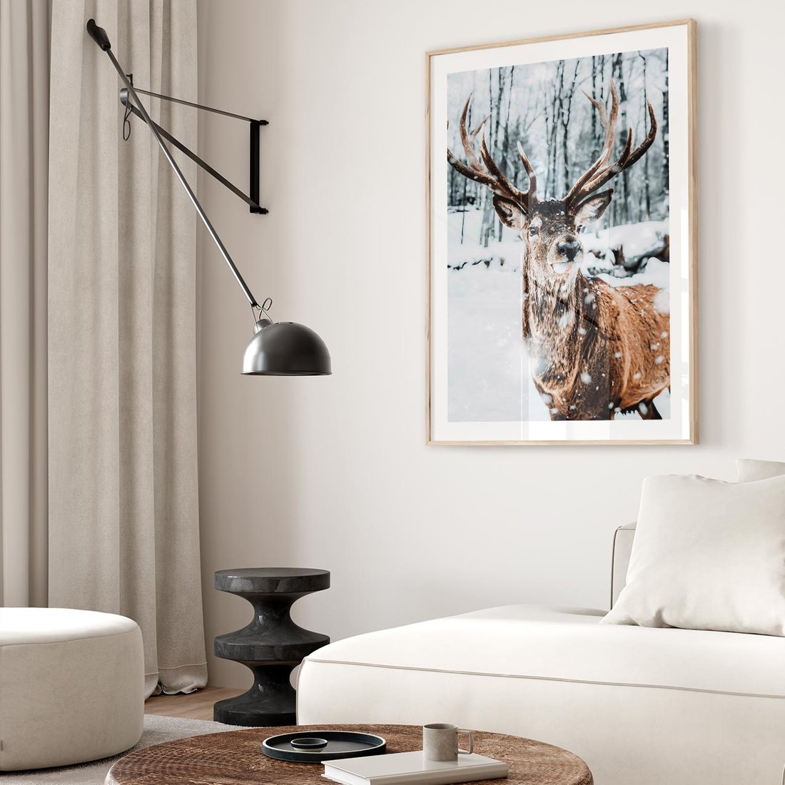 Plakat w ramie 40x50 - Jeleń na Zdjęciu pod Śniegiem - jeleń, zima - rama drewno