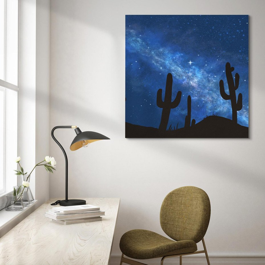 Obraz na płótnie 70x70 - Nocne Tajemnice Pustyni - gwieździsta noc, granatowe niebo