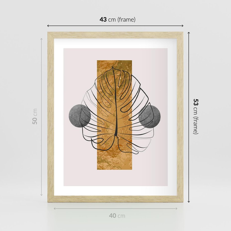 Plakat w ramie 40x50 - Minimalistyczna Monstera: Złoty Prostokąt - liść monstery, minimalizm - rama drewno