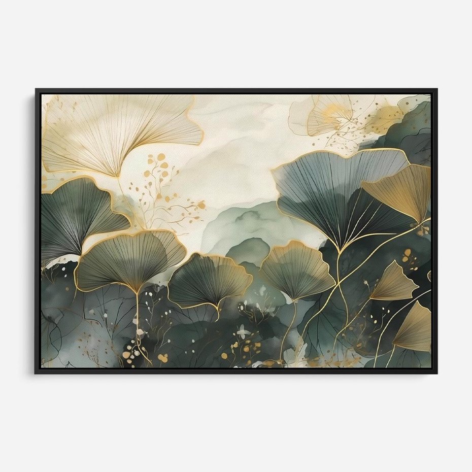 Obraz w ramie 70x50 - Natura w Złotym Odcieniu - złote elementy, liście miłorzębu japońskiego - rama czarna