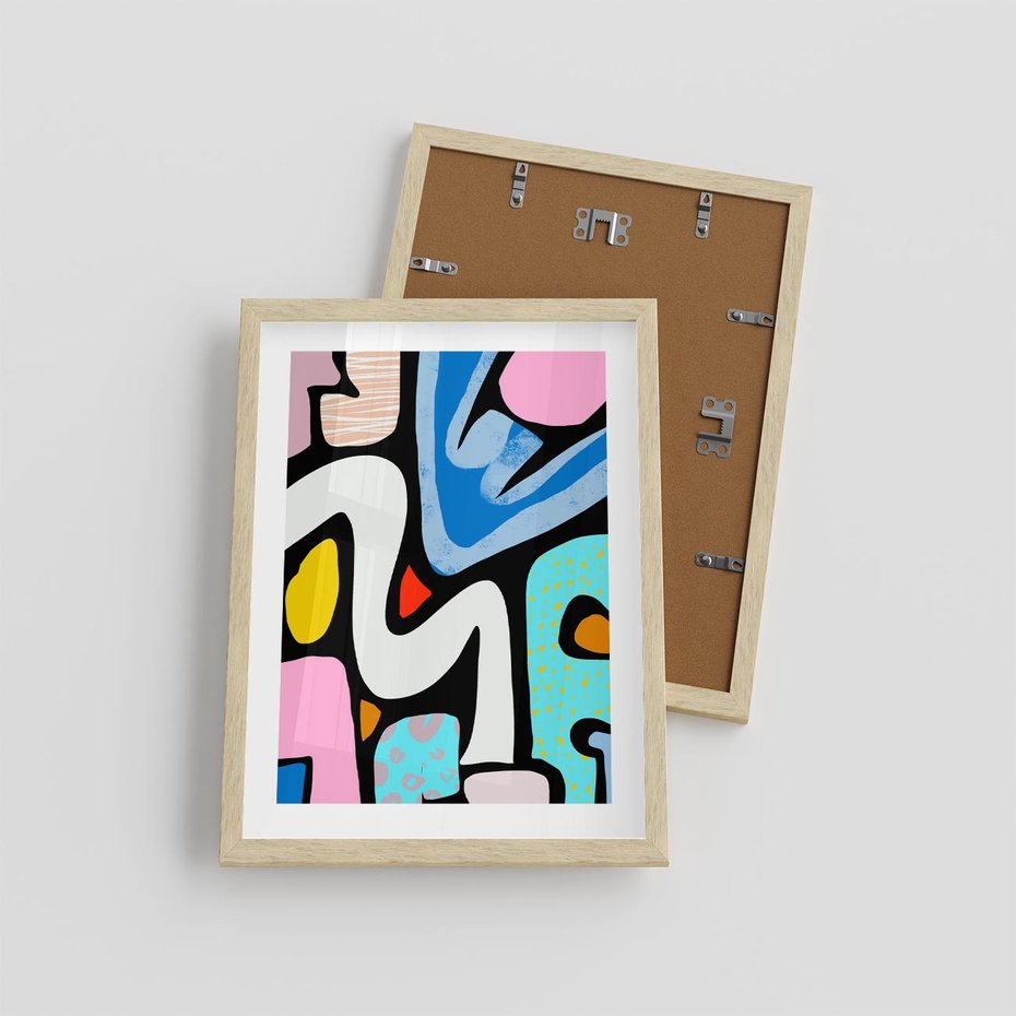 Plakat w ramie 30x40 - Komiksowe Formy - abstrakcyjne formy, komiksowy styl - rama drewno