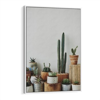 Obraz w ramie 80x120 - Naturalna Harmonia - kaktusy, liście - rama biała
