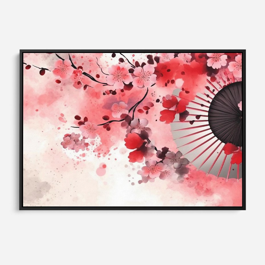 Obraz w ramie 70x50 - Szept Kwitnącej Wiśni - japoński parasol, liście - rama czarna