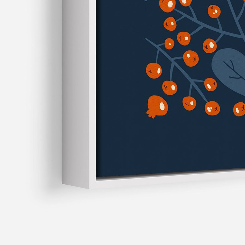 Obraz w ramie 70x100 - Symfonia liści i owoców - granatowe tło, pomarańczowe owoce jarzębiny - rama biała