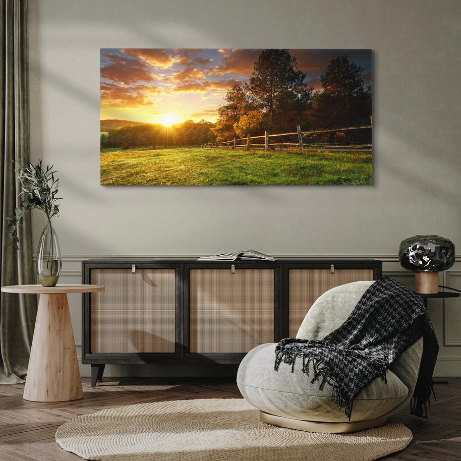 Obraz na płótnie 120x60 - Urok zachodu słońca na łące z drzewami - łąka, zachód