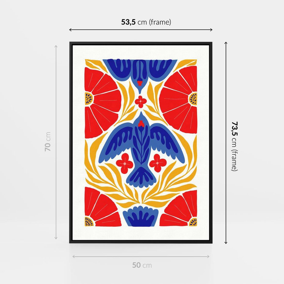 Obraz w ramie 50x70 - Eklektyczny Majestat - wyrazista grafika, mocne kolory czerwień niebieski żółty - rama czarna