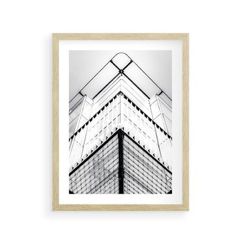 Plakat w ramie 50x70 - Elegancja Współczesnej Architektury: Wieżowiec w Monochromii - nowoczesna architektura, czarno biała fotografia - rama drewno