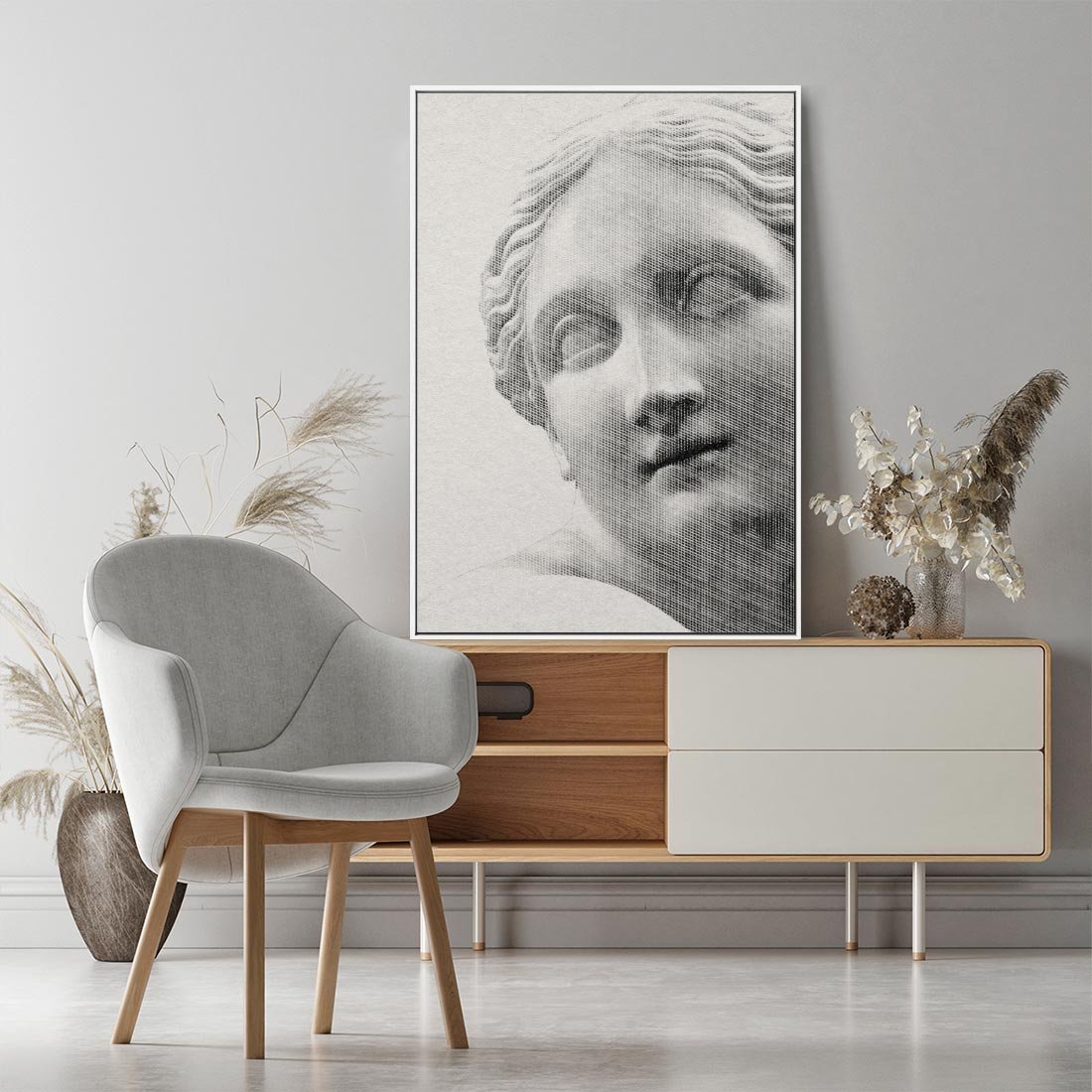 Obraz w ramie 50x70 - Szarość w Kamieniu - monochromatyczna marmurowa rzeźba, odcienie szarości - rama biała