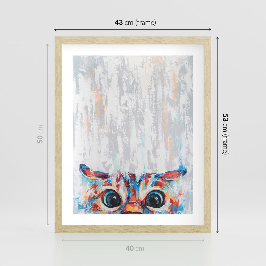 Plakat w ramie 40x50 - Co ja Widzę - obraz olejny, śmieszny obraz kota - rama drewno