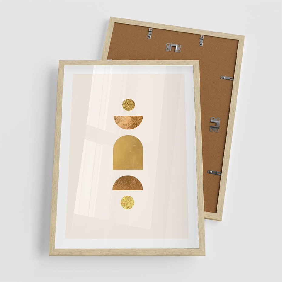 Plakat w ramie 50x70 - Abstrakcyjne Wzory - geometryczne złote kształty, tekstura - rama drewno