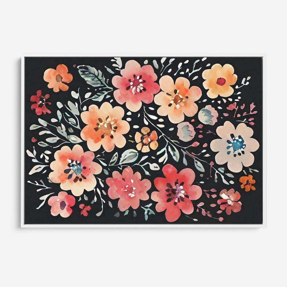 Obraz w ramie 100x70 - Labirynty melancholii - akwarelowe, pastelowe kwiaty na czarnym tle - rama biała