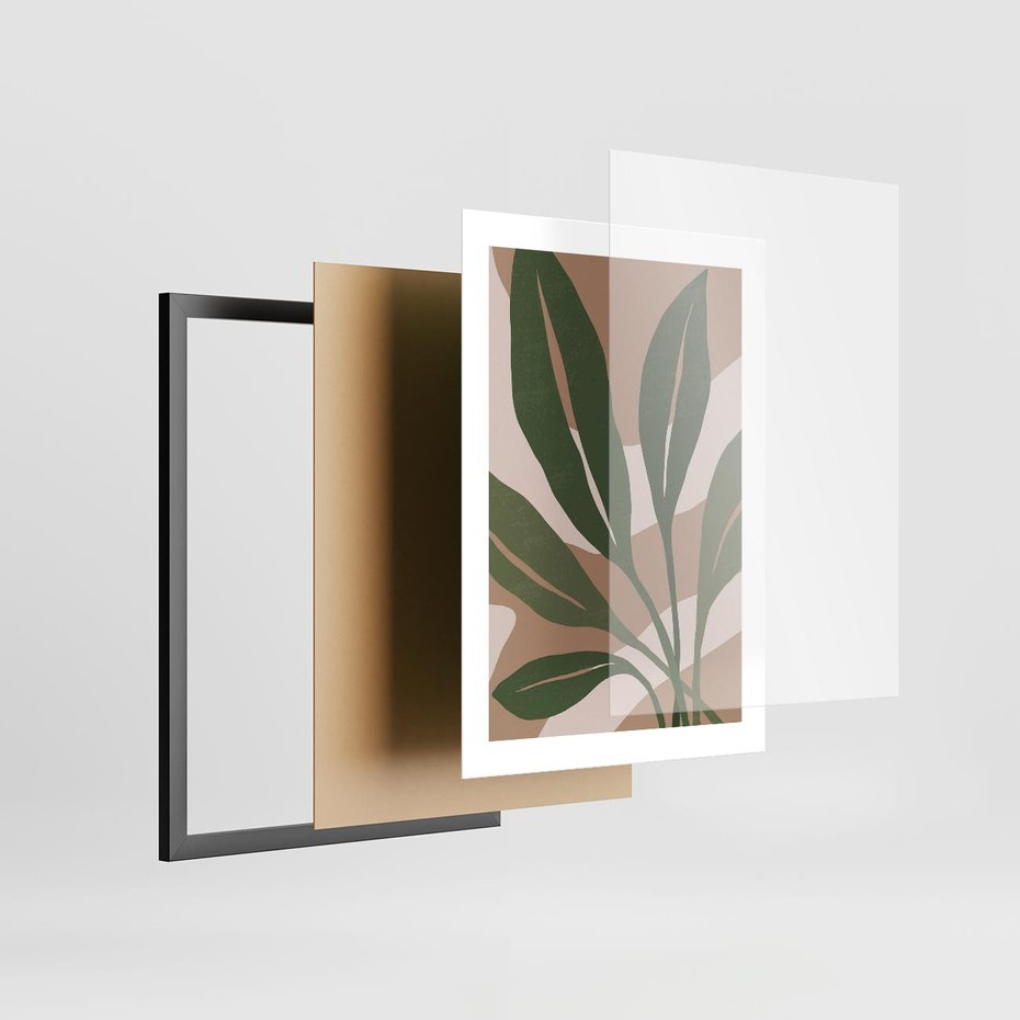 Plakat w ramie 30x40 - Nowoczesność Natury: Plakat z Zielonymi Liśćmi - nowoczesny plakat, beż - rama czarna