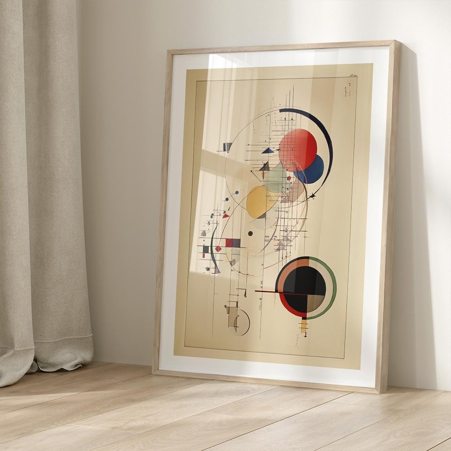 Plakat w ramie 40x50 - Impulsy Wydobyte z Cienia - abstrakcyjna geometryczna kompozycja, koła linie - rama drewno