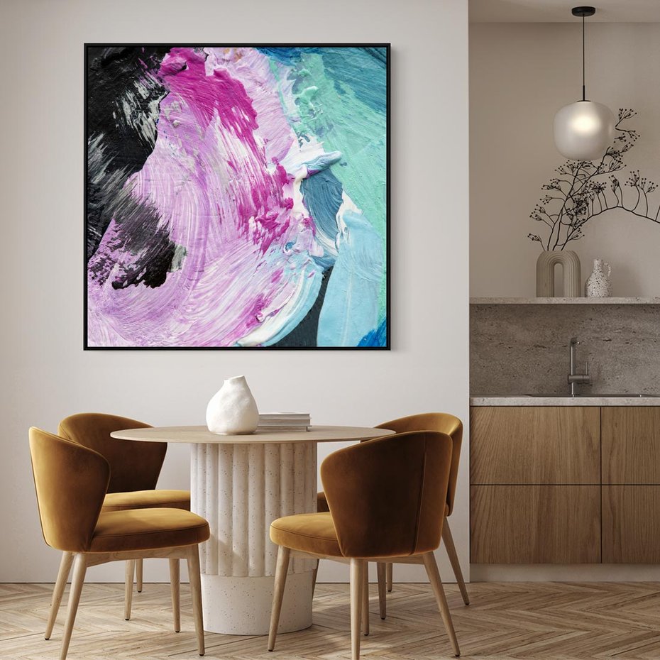 Obraz w ramie 50x50 - Kolorowy rój wyobraźni - rozlane kolorowe farby olejne, abstrakcja - rama czarna