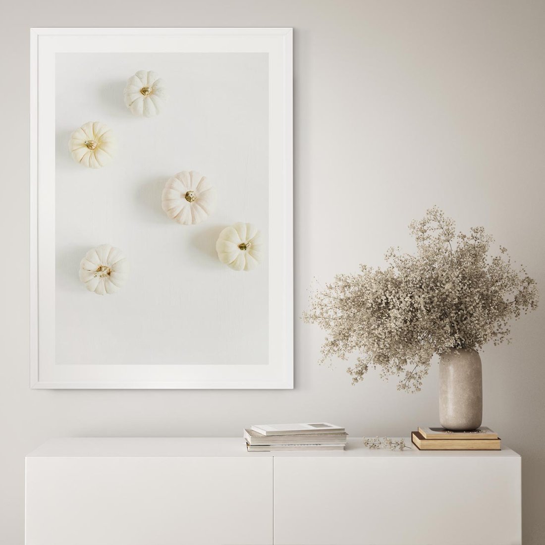 Plakat bez ramy 21x30 - Biała Jesień: Dynie na Jasnym Tle - białe dynie, białe tło