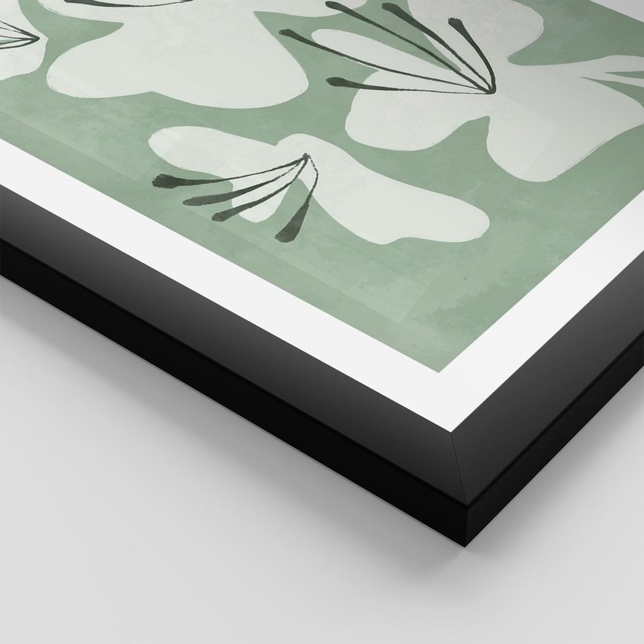 Plakat w ramie 50x70 - Rozkwitające Ukojenie - zgaszona zieleń, kwiaty - rama czarna