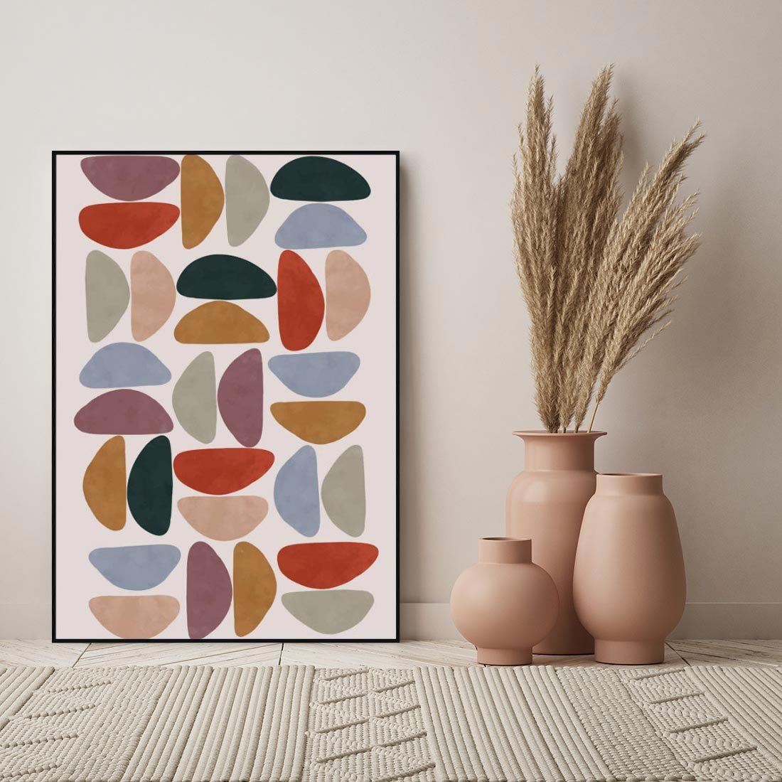 Obraz w ramie 50x70 - Kolorowe Echo Boho - abstrakcyjny obraz, geometryczna kompozycja - rama czarna