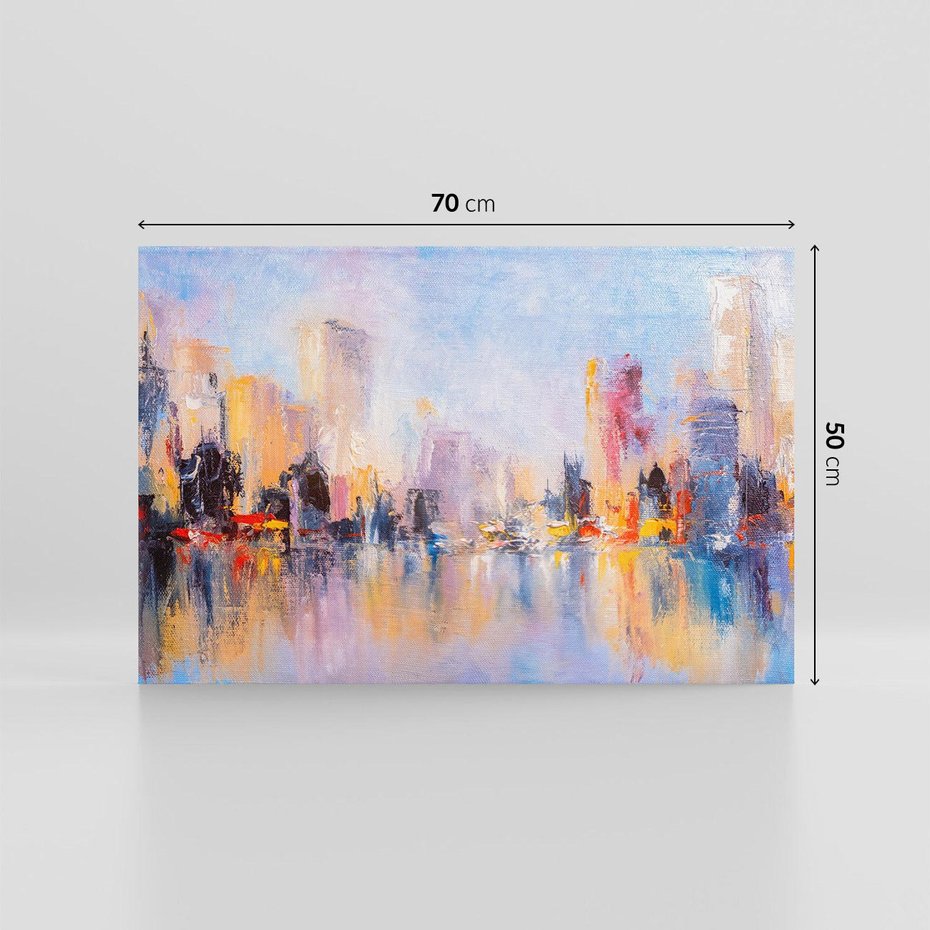 Obraz na płótnie 70x50 - Miasto Refleksji - olejna panorama miasta w oddali, wiezowce odbijają się w rzece