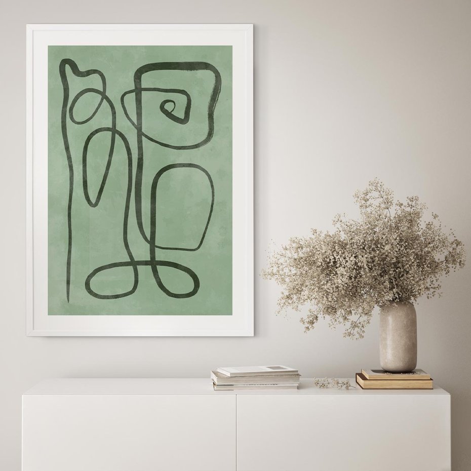 Plakat w ramie 40x50 - Zielone Wariacje w Liniach - abstrakcyjne zielone linie, skandynawski design - rama biała