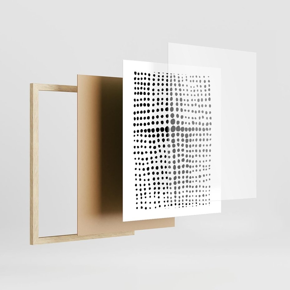 Plakat w ramie 40x50 - Refleksje Monochromatycznych Widoków - abstrakcyjna kompozycja z czarnych kropek, minimalistyczny czarno bialy plakat - rama drewno