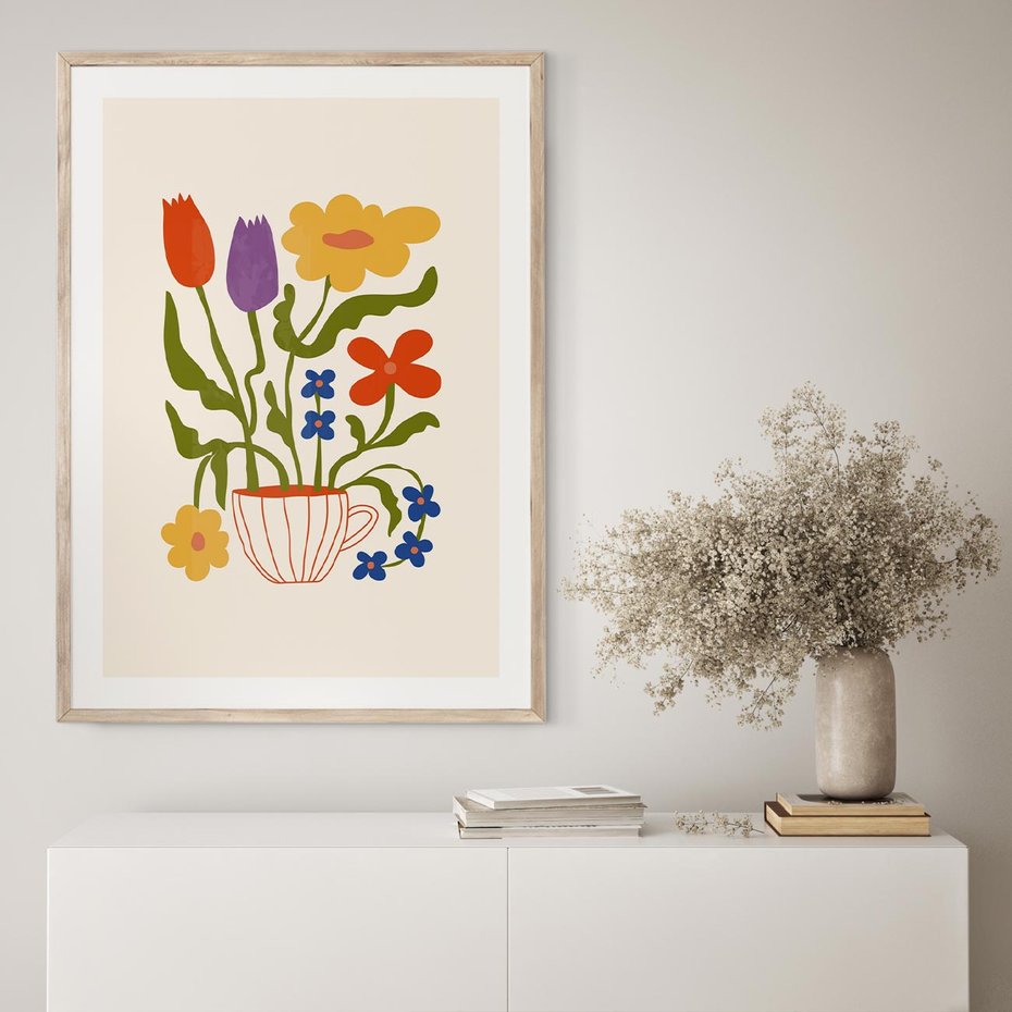 Plakat w ramie 50x70 - Kolorowe Granice - kwiaty w filizance, abstrakcja - rama drewno