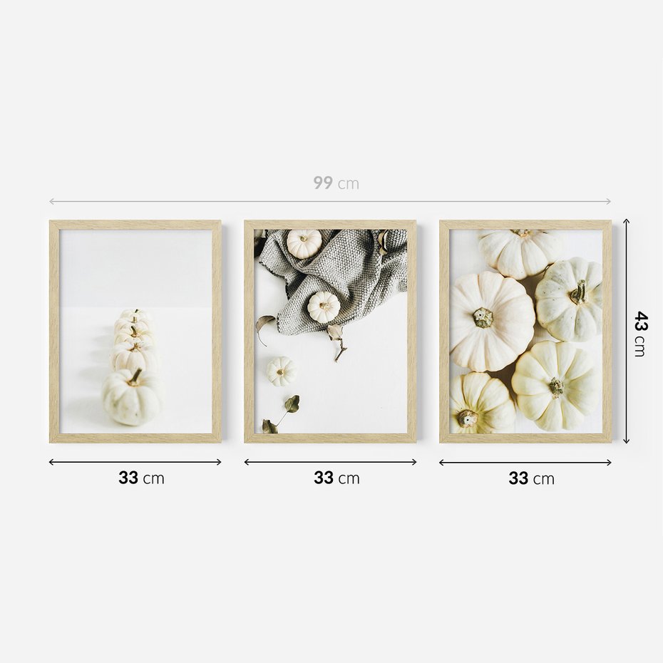 Zestaw obrazy w ramie 30x40 galeria - Białe, dynie, minimalizm - rama drewno