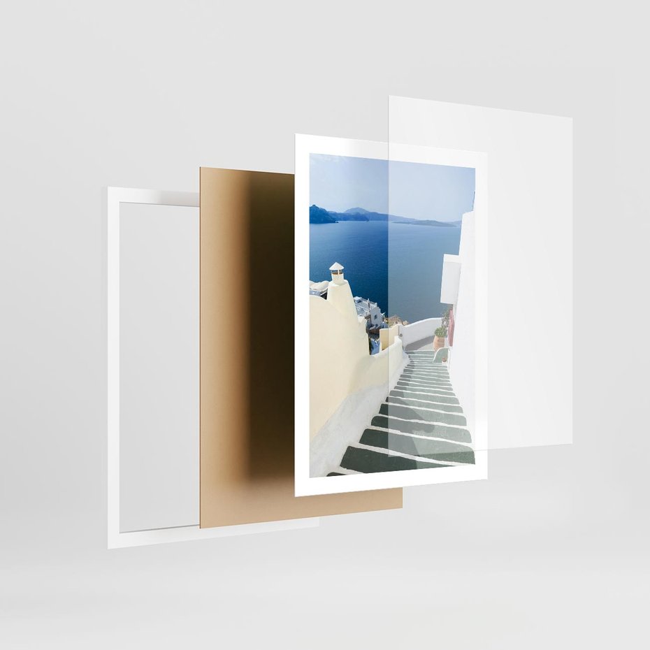 Plakat w ramie 50x70 - Malowniczy urok wyspy - Santorini, schodki - rama biała