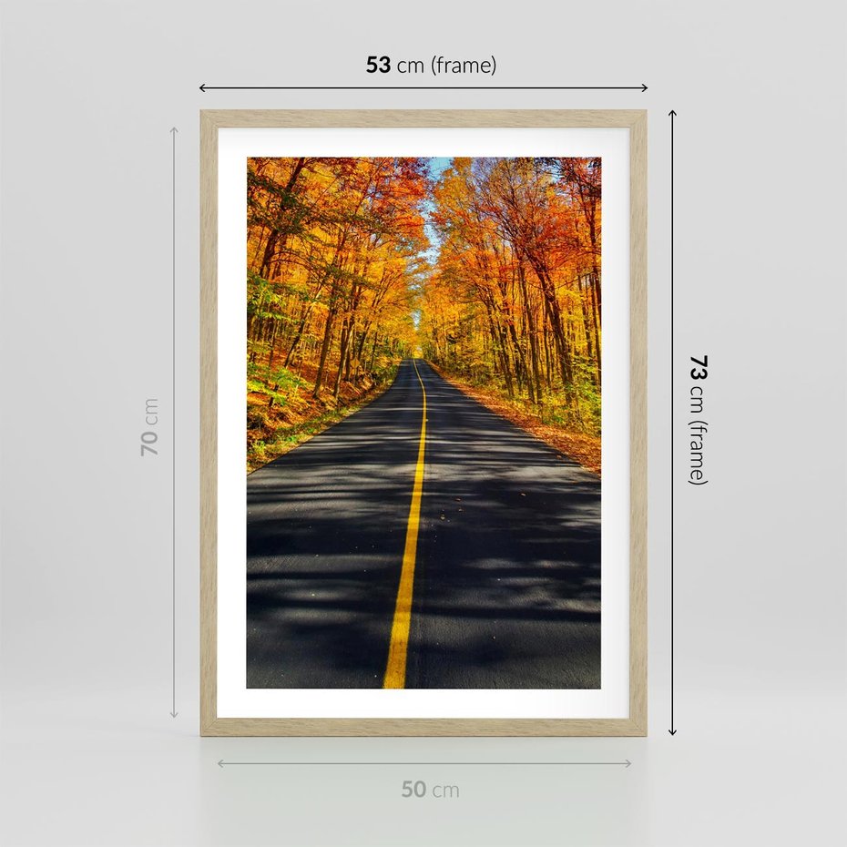Plakat w ramie 50x70 - Droga przez jesienny las - droga, las - rama drewno