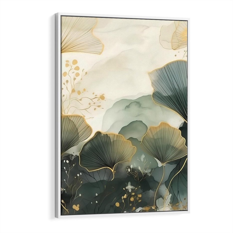 Obraz w ramie 50x70 - Natura w Złotym Odcieniu - złote elementy, liście miłorzębu japońskiego - rama biała