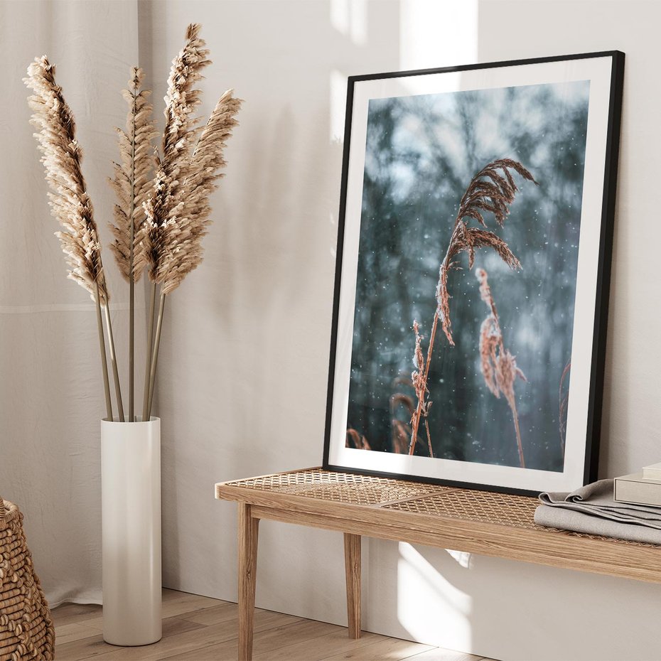 Plakat bez ramy 21x30 - Zima na Łonie Natury - sucha wysoka trawa, w zimie