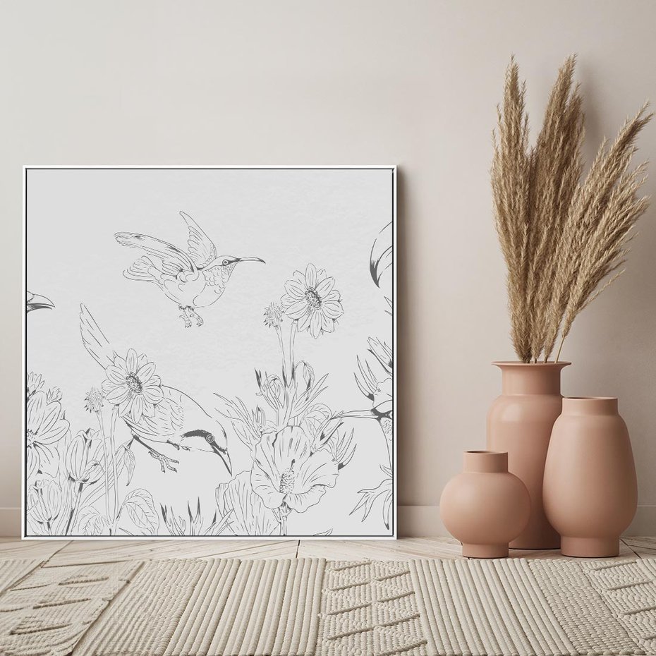 Obraz w ramie 80x80 - Tropiki w Monochromie - czarno biały szkic, tropikalne ptaki - rama biała