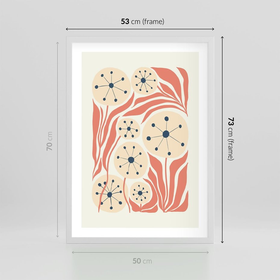 Plakat w ramie 50x70 - Impresje Harmonii - abstrakcyjne kwiaty, rośliny - rama biała