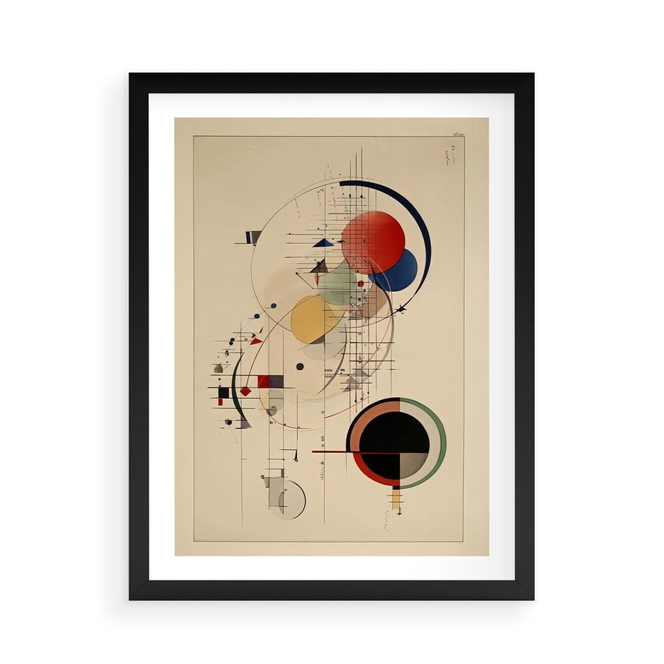 Plakat w ramie 50x70 - Impulsy Wydobyte z Cienia - abstrakcyjna geometryczna kompozycja, koła linie - rama czarna