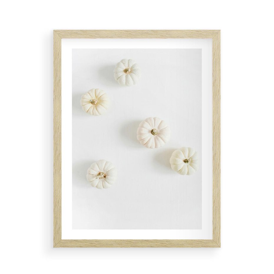 Plakat w ramie 50x70 - Biała Jesień: Dynie na Jasnym Tle - białe dynie, białe tło - rama drewno