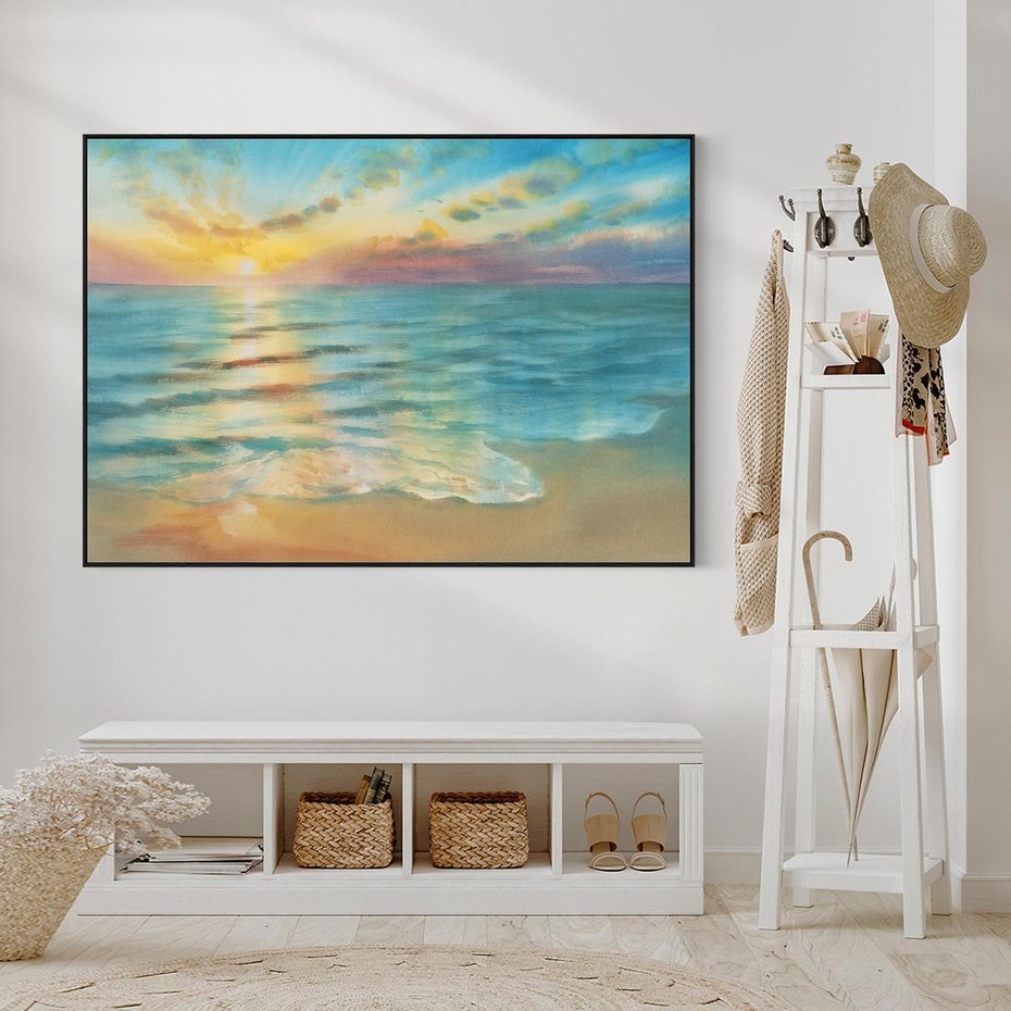 Obraz w ramie 100x70 - Objawienie Fioletowego Świtu - fioletowy wschód słońca, słońce wschodzi nad morzem - rama czarna