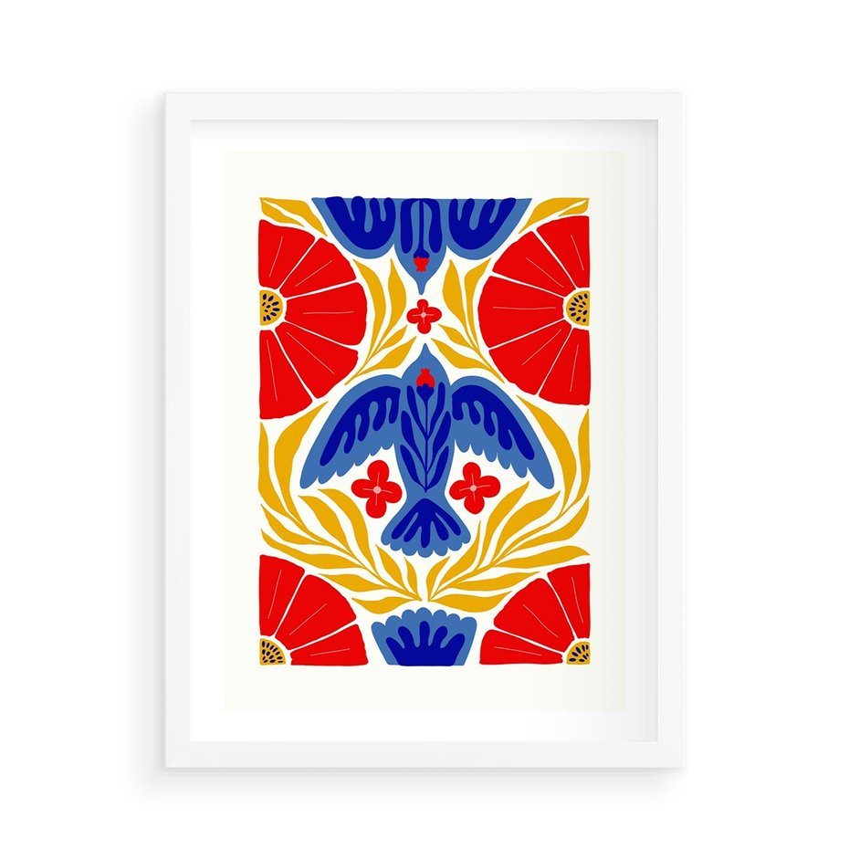 Plakat w ramie 50x70 - Eklektyczny Majestat - wyrazista grafika, mocne kolory czerwień niebieski żółty - rama biała