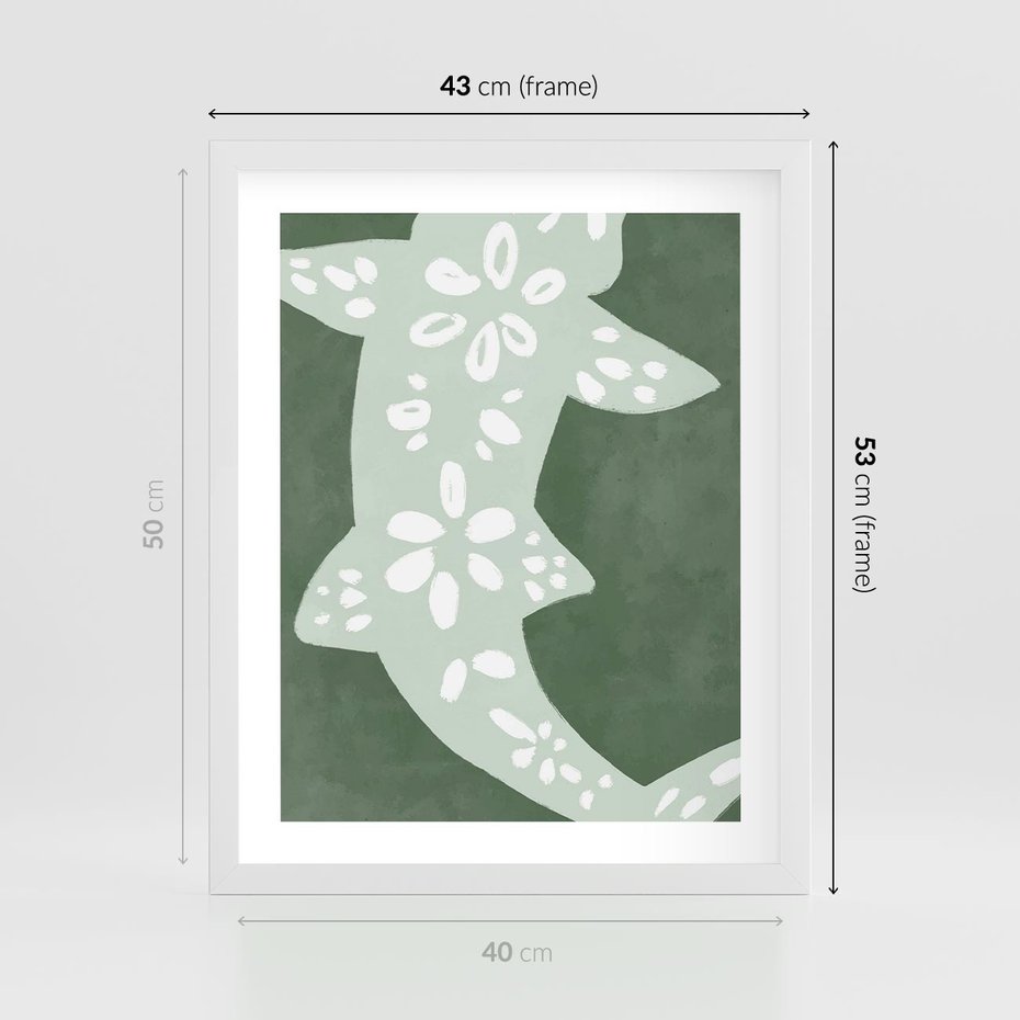 Plakat w ramie 40x50 - Migotliwe Wibracje Zieleni - zielony plakat, abstrakcja przypominająca rybę - rama biała
