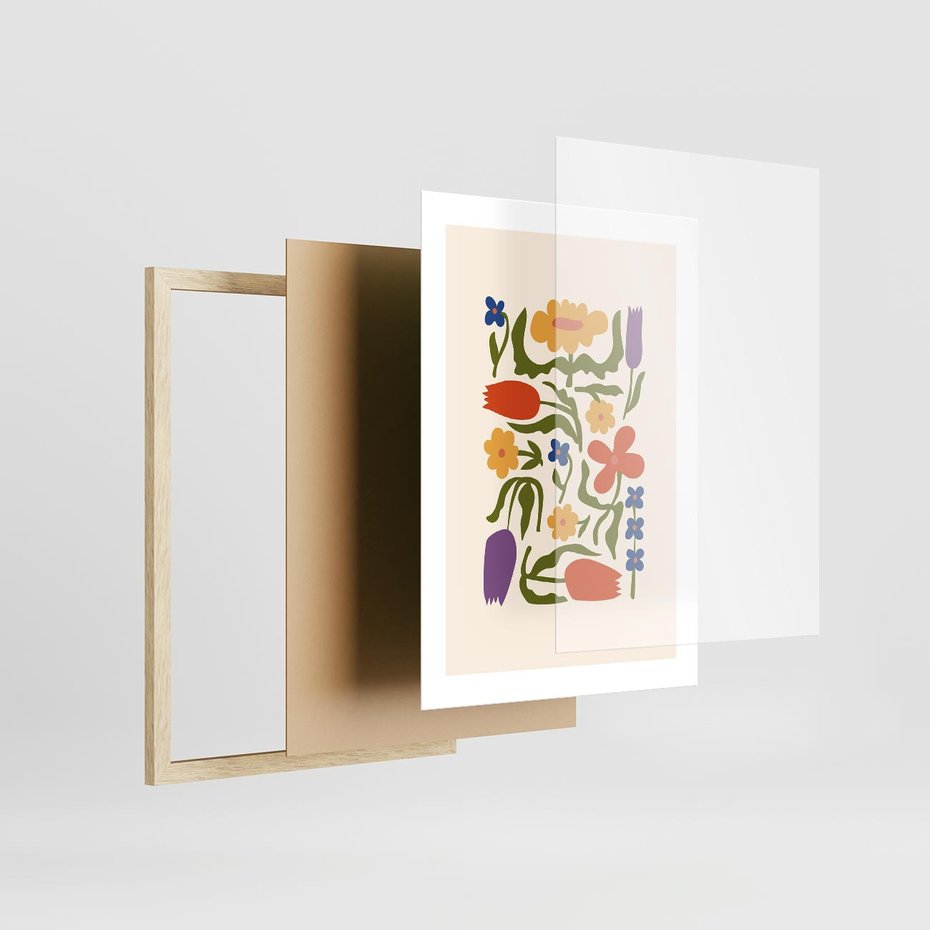 Plakat w ramie 30x40 - Minimalistyczna Harmonia - kwiaty, sztuka nowoczesna - rama drewno