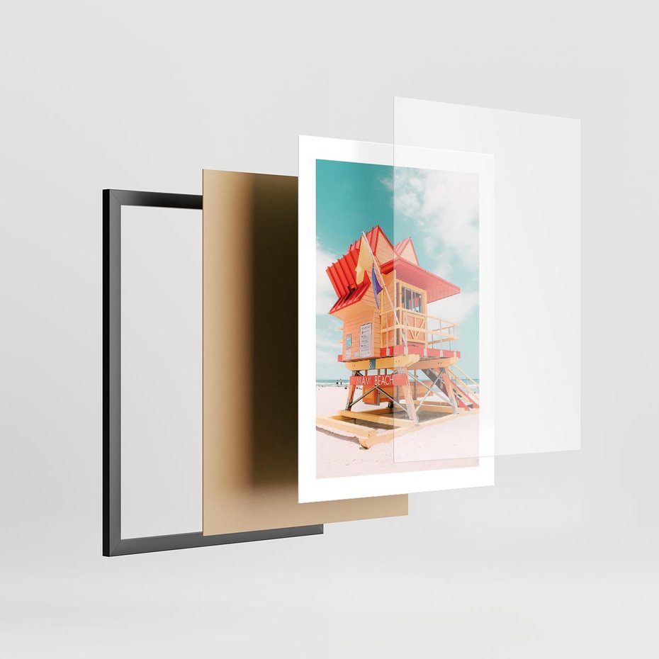 Plakat w ramie 30x40 - Rajski Widok - plaża miami, domek ratownika - rama czarna