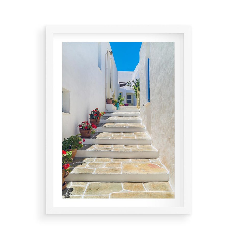 Plakat w ramie 50x70 - Urok Greckiej Uliczki - grecka, uliczka - rama biała