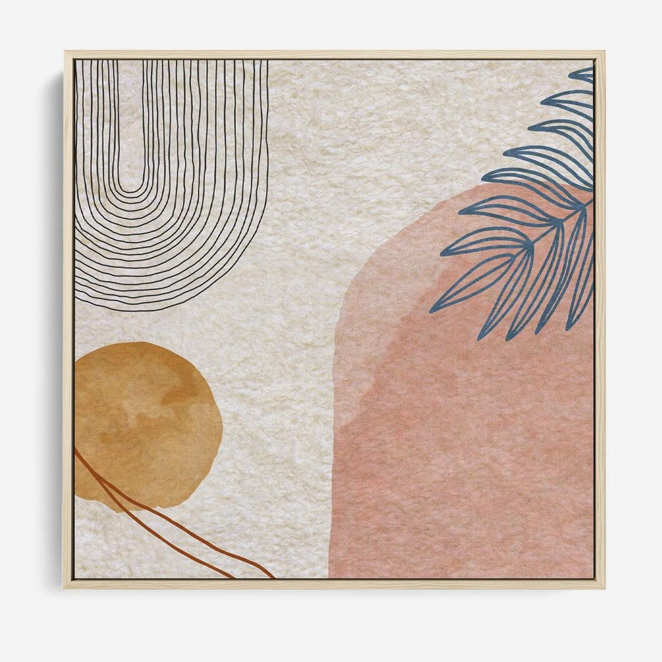 Obraz w ramie 50x50 - Liście i Geometrie - nowoczesny, akwarelowe plamy - rama drewno