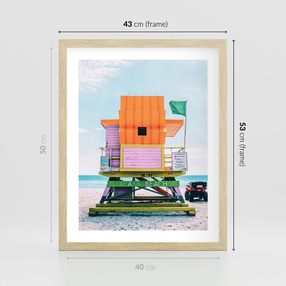 Plakat w ramie 40x50 - Plaża Miami w Słoneczny Dzień - domek ratownika, kolorowy - rama drewno