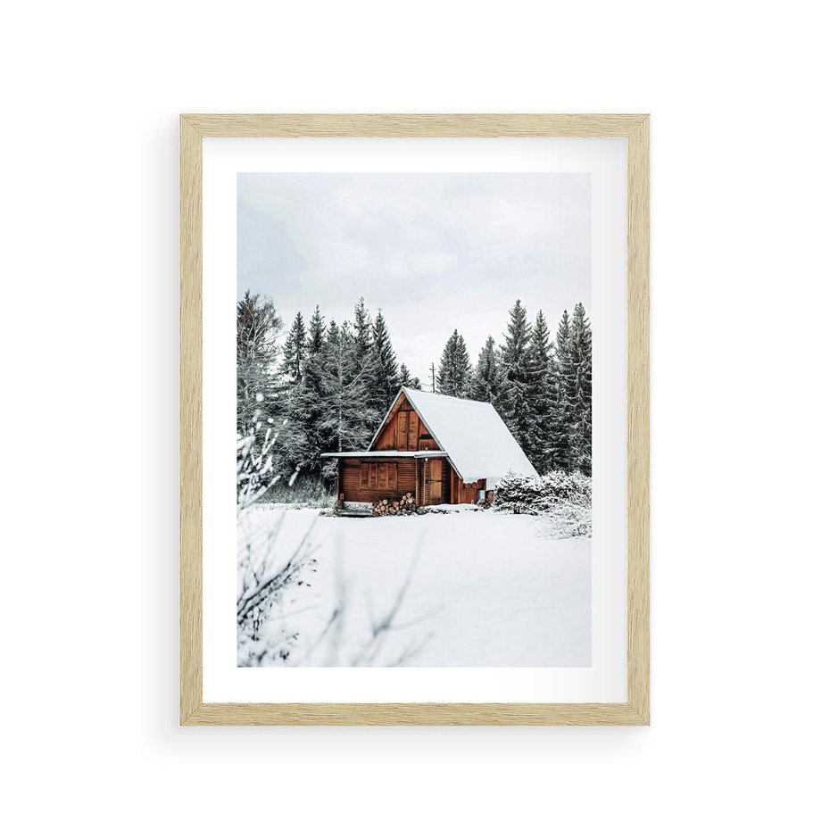 Plakat w ramie 30x40 - Ujęcie zimy w Górach - domek w górach w zimie, śnieg - rama drewno