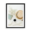 Plakat w ramie 50x70 - Boho Urok - kompozycja boho, slomkowy kapelusz - rama czarna